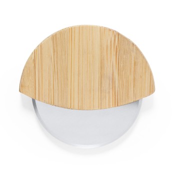 Cortapizzas de bambú y acero publicitario